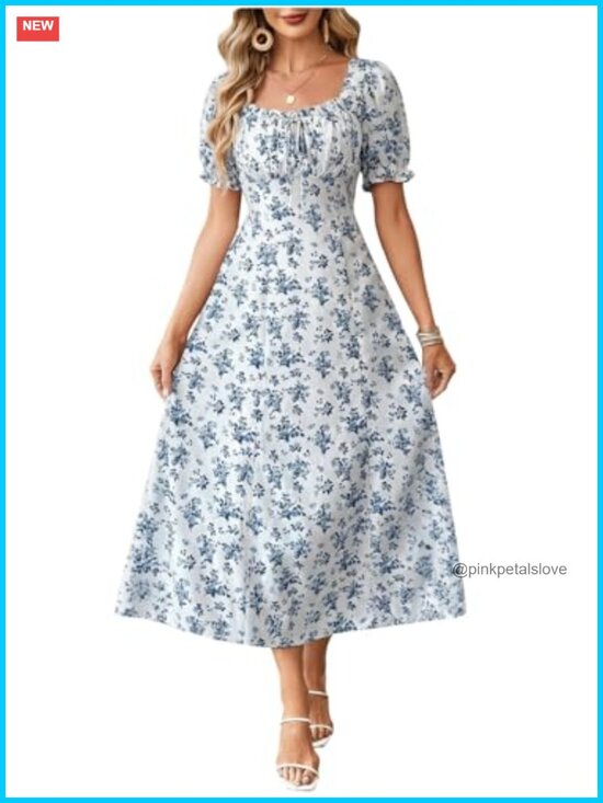 Dresses & Skirts - Flowy Maxi Dress with Puff Sleeves Square Neck Ruched Bust